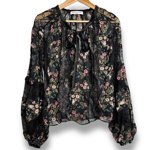 Amanda Uprichard Black Lace Floral Print Sheer Long Ballon Sleeve Top Size S